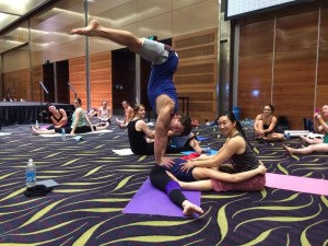 Andrea James Lui & Anh Le Handstand Middle Splits stretch with Alex Shchukin in Flexibility at West Australian Pole Camp 2014